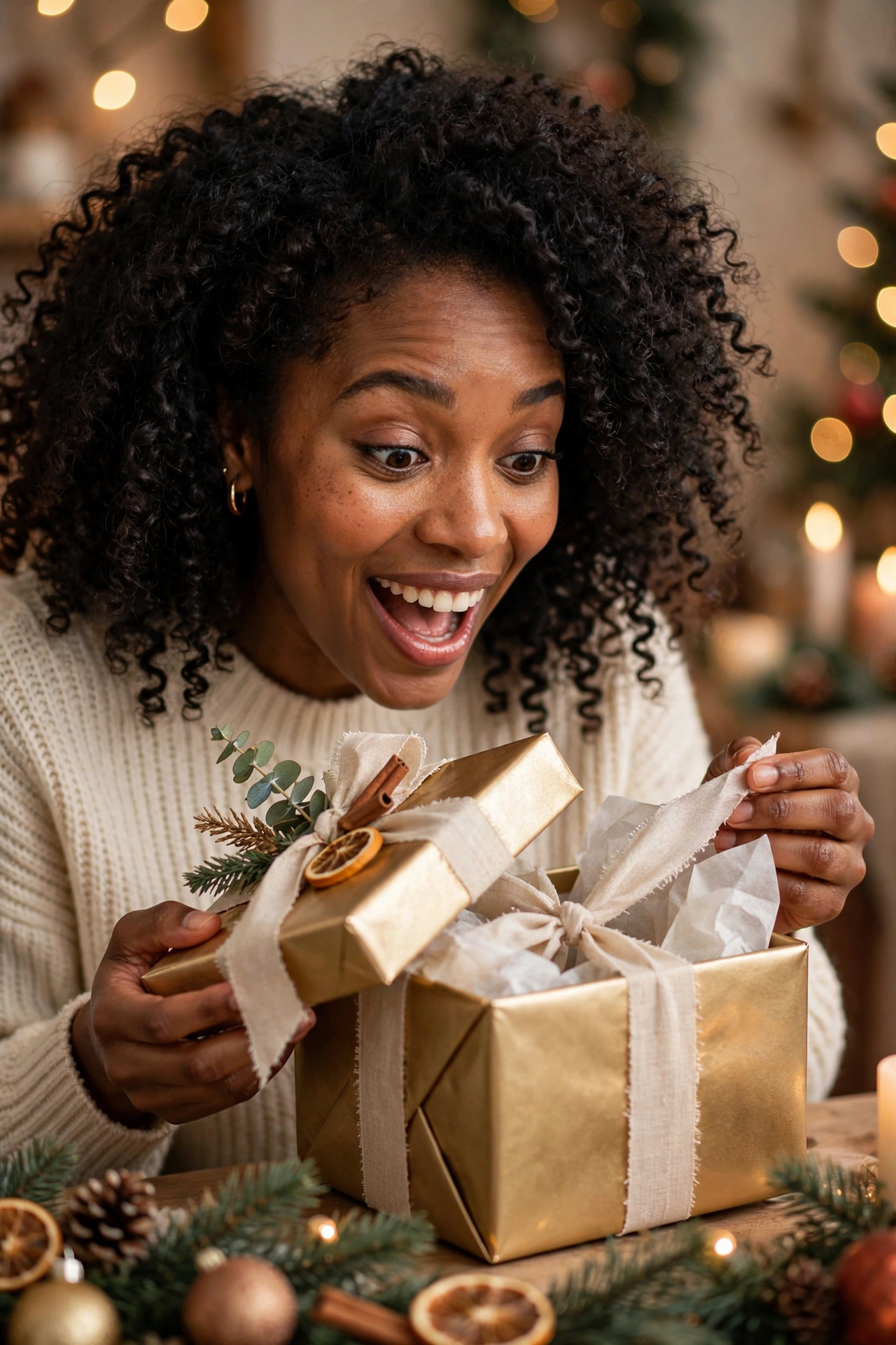 Black woman opening a Christmas gift